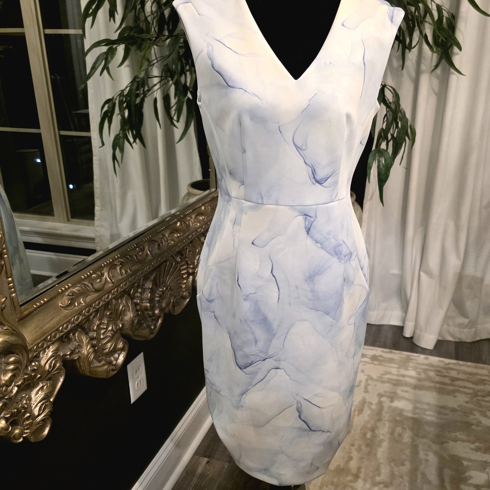 Calvin Klein White and Blue Marble Midi Dress